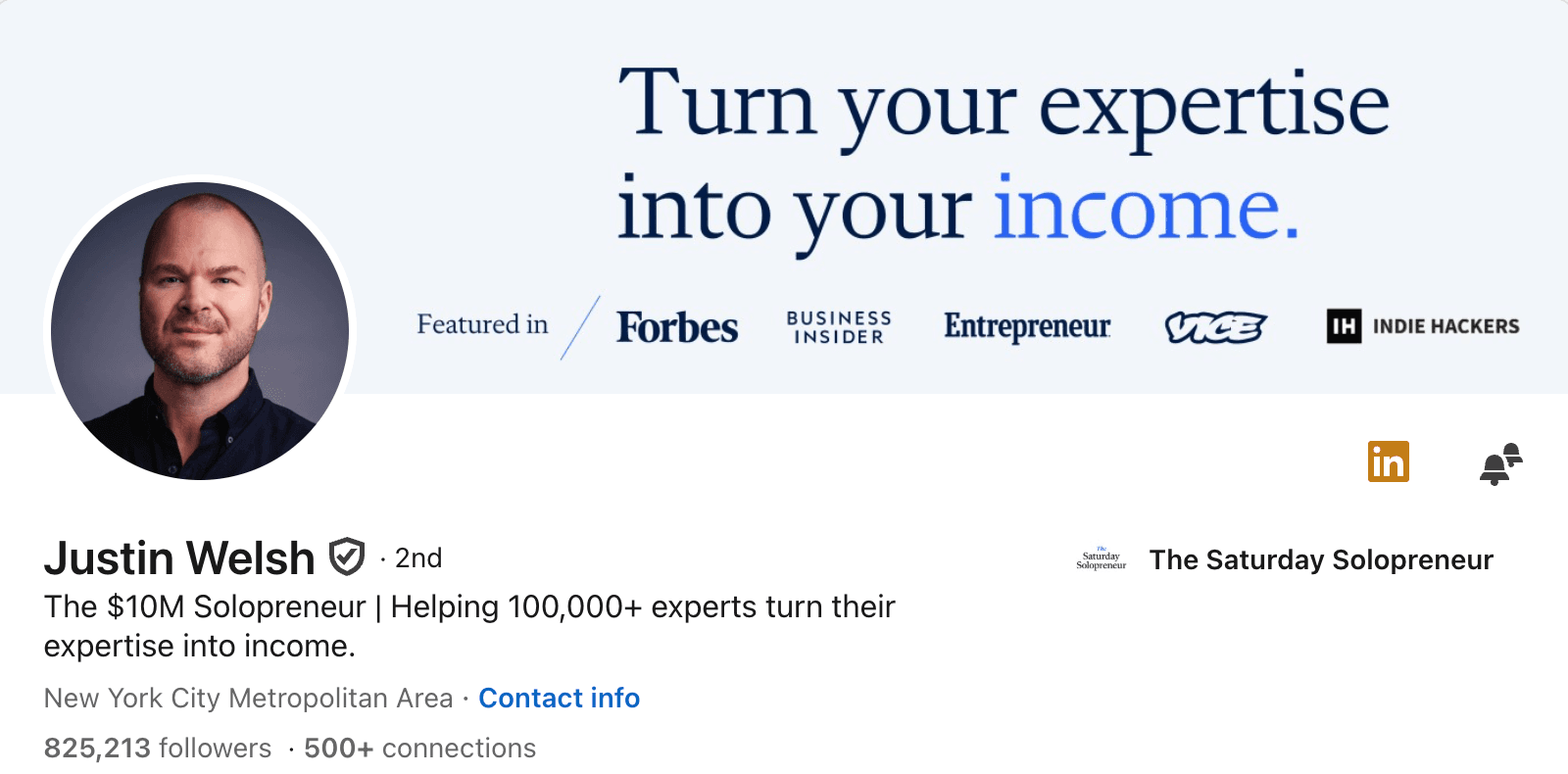 Justin Welsh's LinkedIn profile
